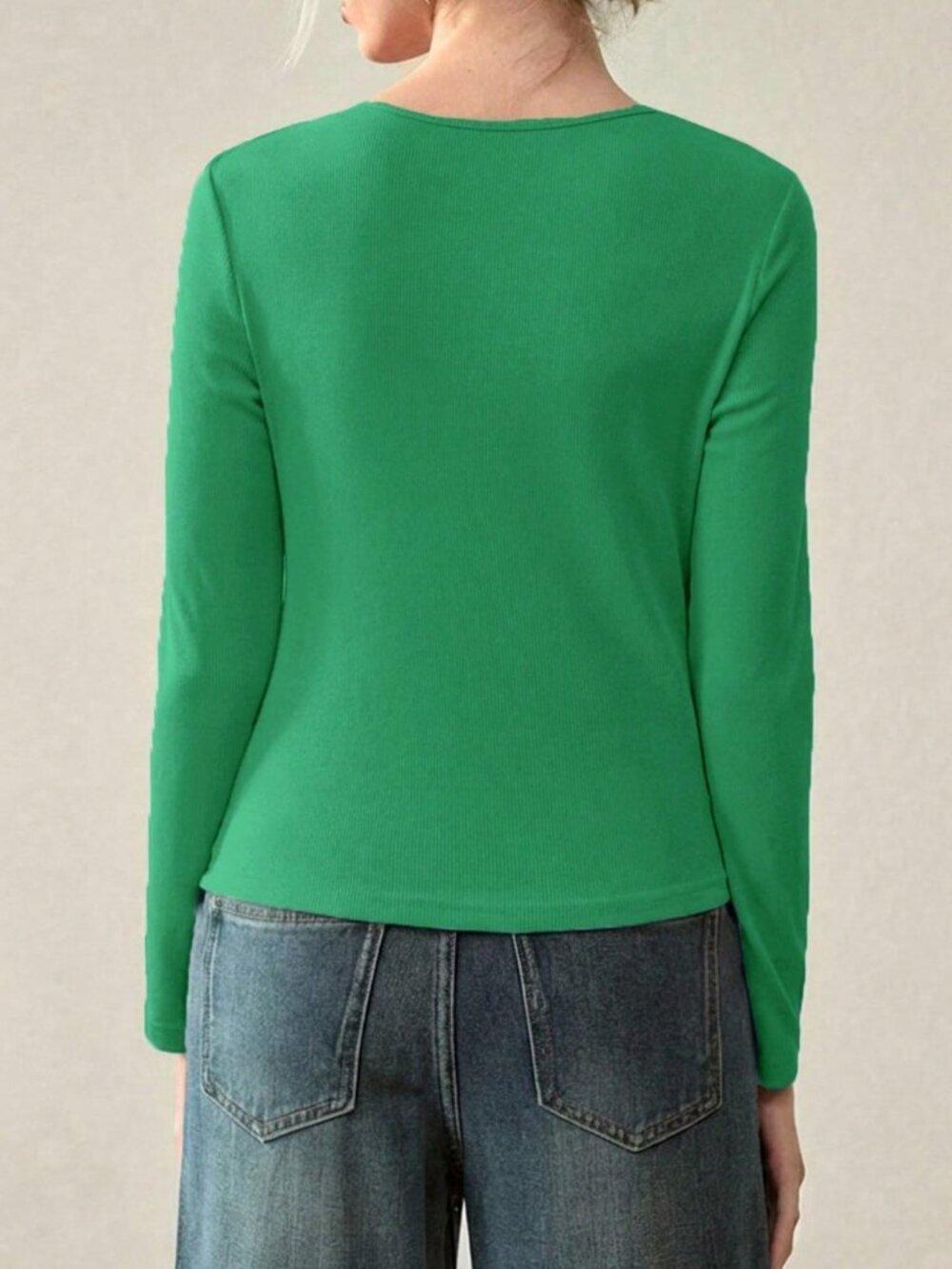Green Casual Women's Ruched Knit Long Sleeve T-Shirt Top - Picture 2 of 6